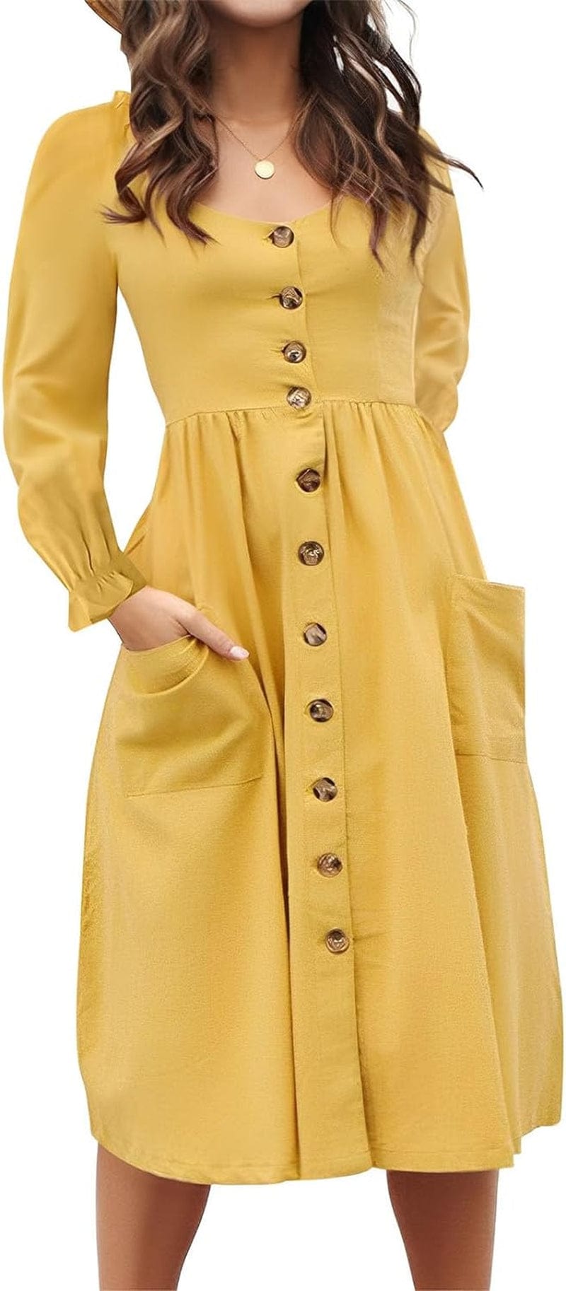ECHOINE Women'S Summer Dresses, Floral Boho Spaghetti Strap Button down Swing Midi Beach Dress with Pockets Solid Yellow - Long Sleeve / Medium
