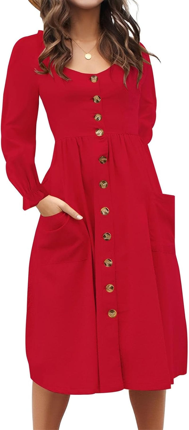 ECHOINE Women'S Summer Dresses, Floral Boho Spaghetti Strap Button down Swing Midi Beach Dress with Pockets Solid Red - Long Sleeve / Medium