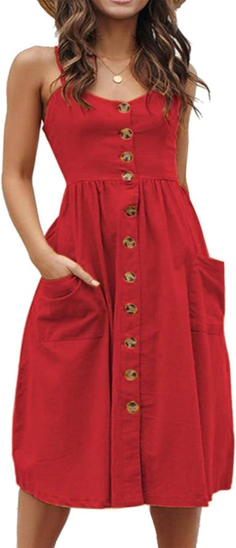 ECHOINE Women'S Summer Dresses, Floral Boho Spaghetti Strap Button down Swing Midi Beach Dress with Pockets Red / Medium