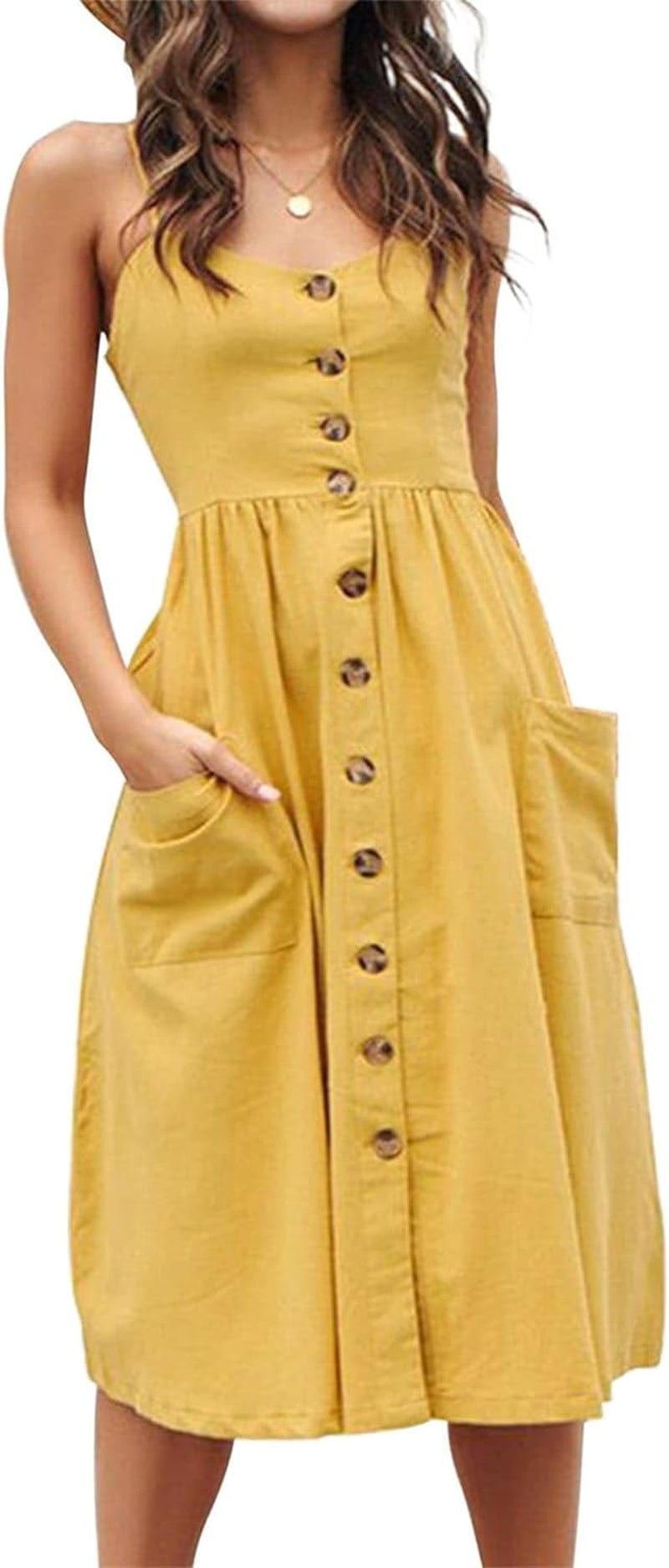 ECHOINE Women'S Summer Dresses, Floral Boho Spaghetti Strap Button down Swing Midi Beach Dress with Pockets Solid Yellow / Small