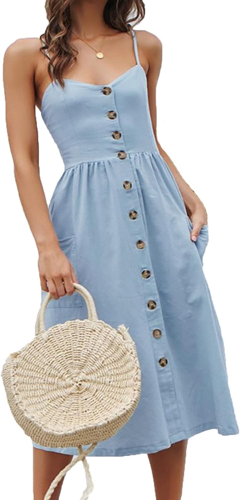 ECHOINE Women'S Summer Dresses, Floral Boho Spaghetti Strap Button down Swing Midi Beach Dress with Pockets Solid Light Blue / 3X