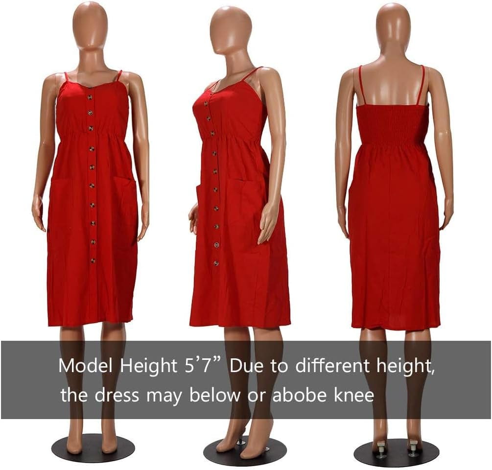 ECHOINE Women'S Summer Dresses, Floral Boho Spaghetti Strap Button down Swing Midi Beach Dress with Pockets