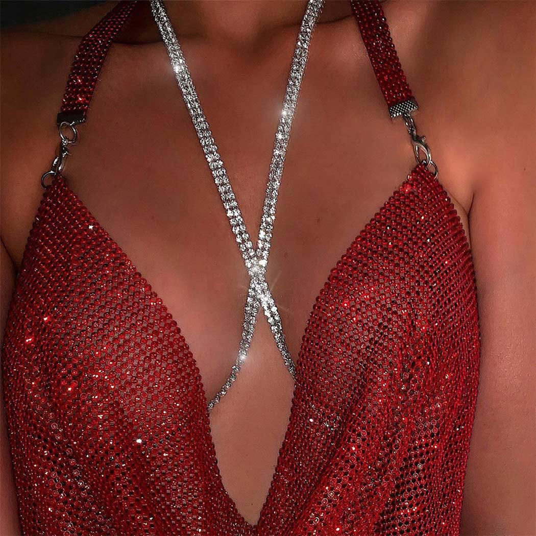 Bodiy Crystal Body Chains Bra Gold Rhinestones Chest Chain Bikini Rave Party Club Body Jewelry Sparkly Accessories for Women and Girls (Gold-3) Apparel & Accessories > Jewelry > Body Jewelry BODIY Silver-2