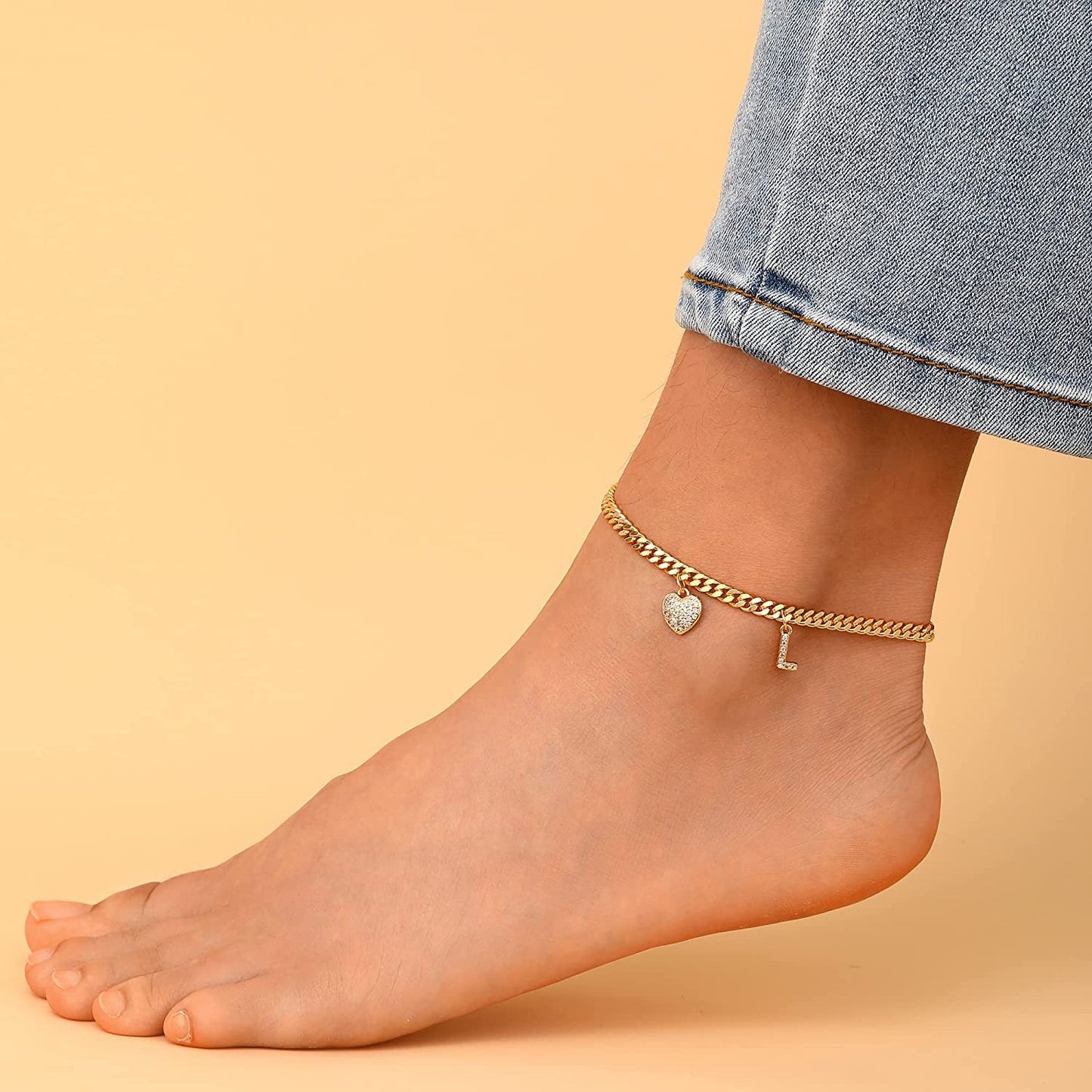 Gold Heart Ankle Bracelets for Women 14K Gold Plated Initial Charm Gold Anklets for Women Cuban Link Chain Heart Anklet Bracelets for Women Apparel & Accessories > Jewelry > Anklets BRIJEWLIC