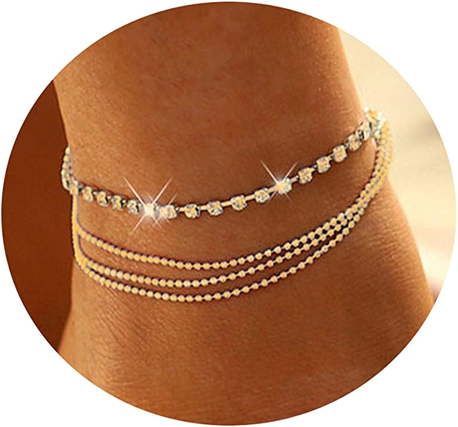 Tasiso 14K Gold Plated Layered Satellite Beads Heart Anklets Layering Rhinestone Cubic Zirconia Ankle Bracelets for Women Minimalist Summer Beach Foot Chain Ankle Jewelry Gifts Apparel & Accessories > Jewelry > Anklets Tasiso 4 Layered Tennis -Gold
