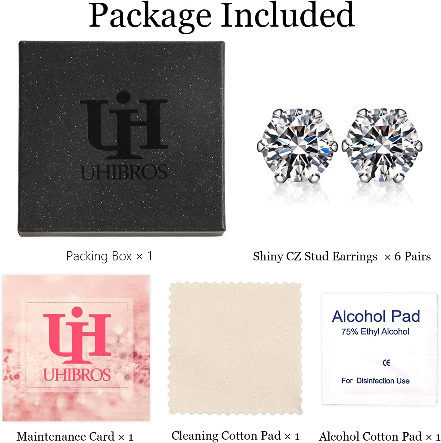 UHIBROS 6 Pairs Stainless Steel Stud Earrings Set Hypoallergenic Cubic Zirconia 14K White Gold 316L CZ Earrings Apparel & Accessories > Jewelry > Earrings UHIBROS