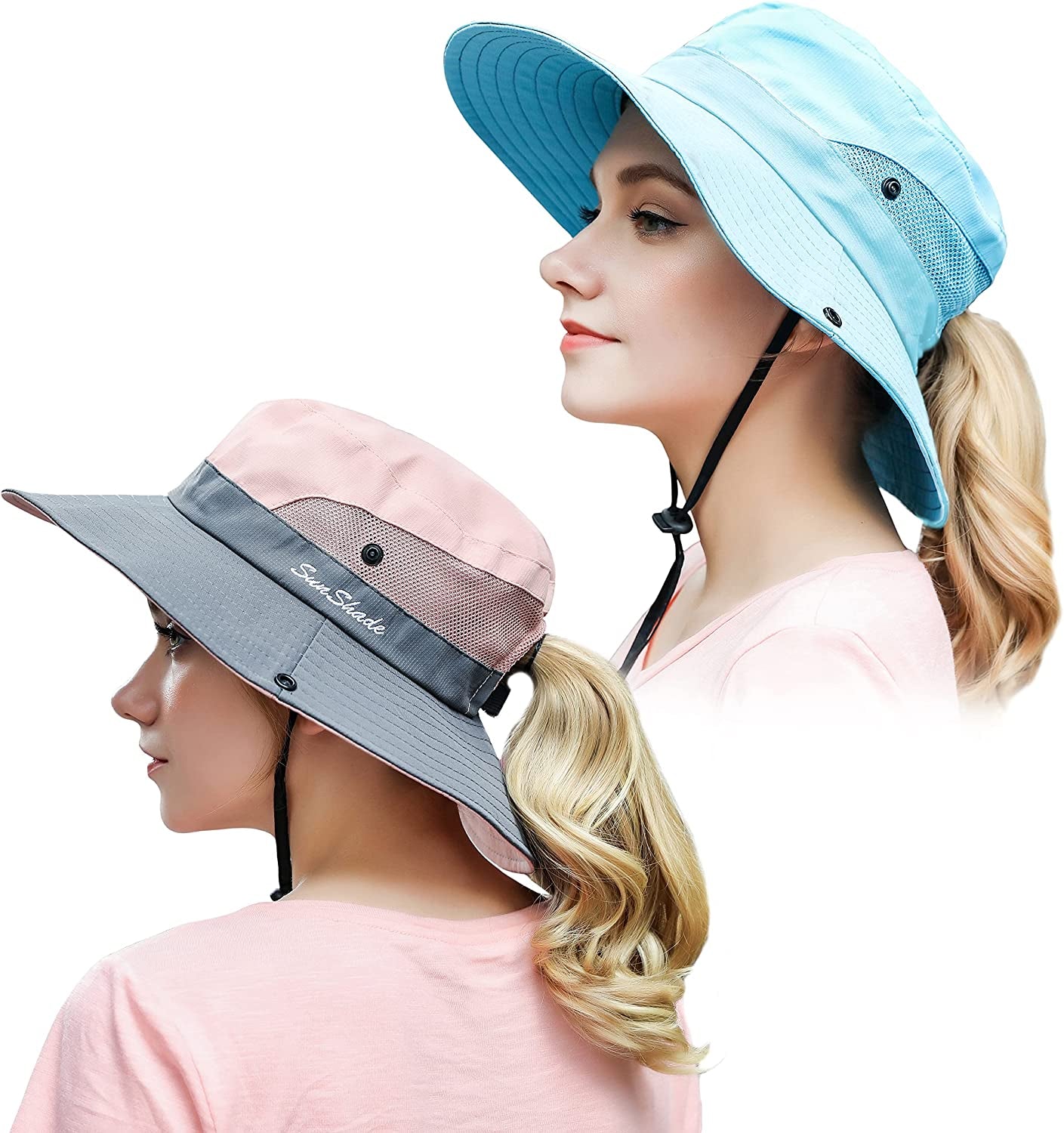 Muryobao 2 Pack Women Ponytail Summer Sun Hat UV Protection Wide Brim Foldable Safari Fishing Cap Apparel & Accessories > Clothing Accessories > Hats Muryobao 2 Pack - Pure Blue & Pink