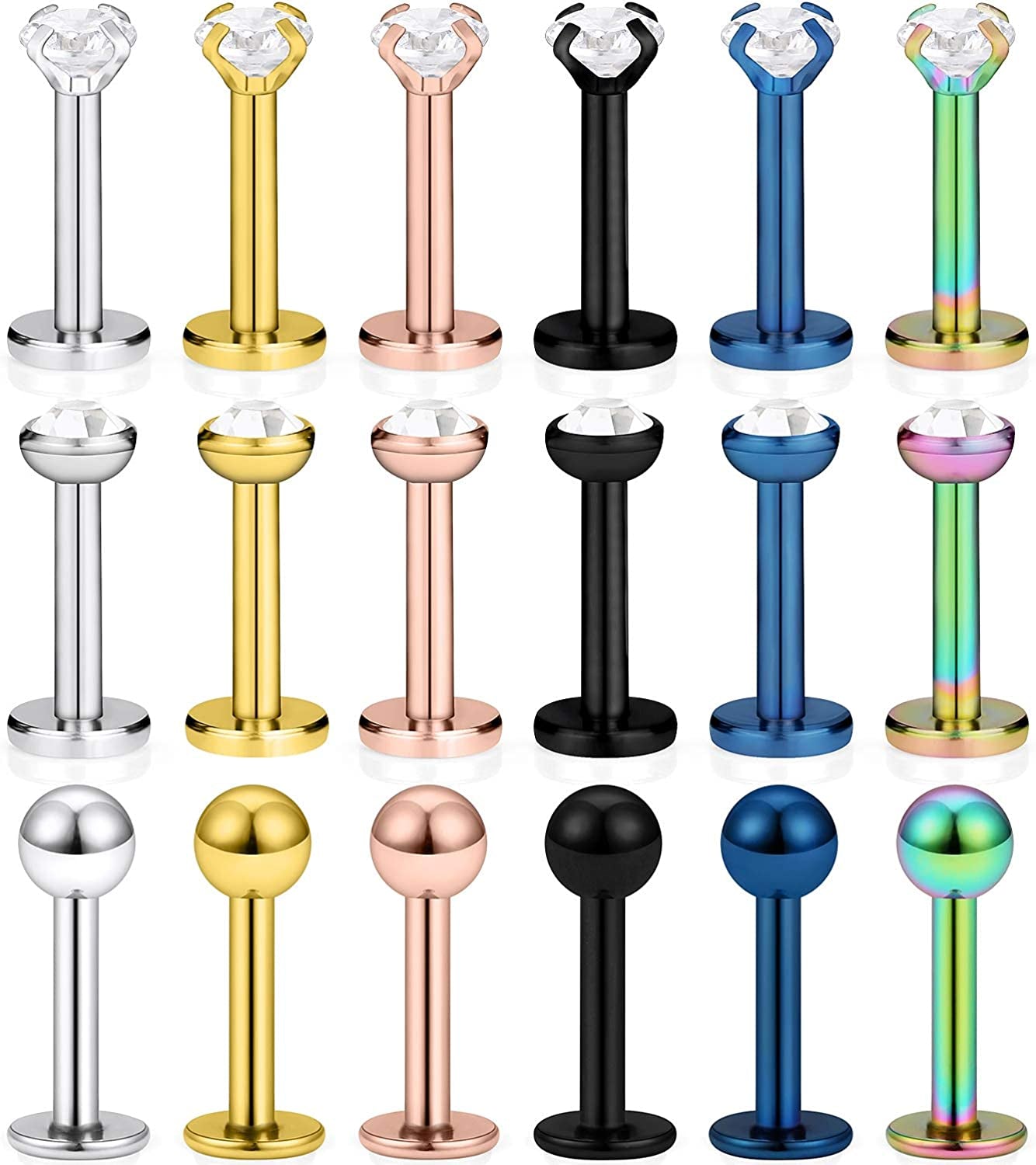 SCERRING 18PCS 16G Stainless Steel Clear Cubic Zirconia Labret Monroe Lip Tragus Cartilage Helix Earring Ring Body Piercing Jewelry 6Mm 8Mm 10Mm Apparel & Accessories > Jewelry > Body Jewelry SCERRING 6mm Mix Color