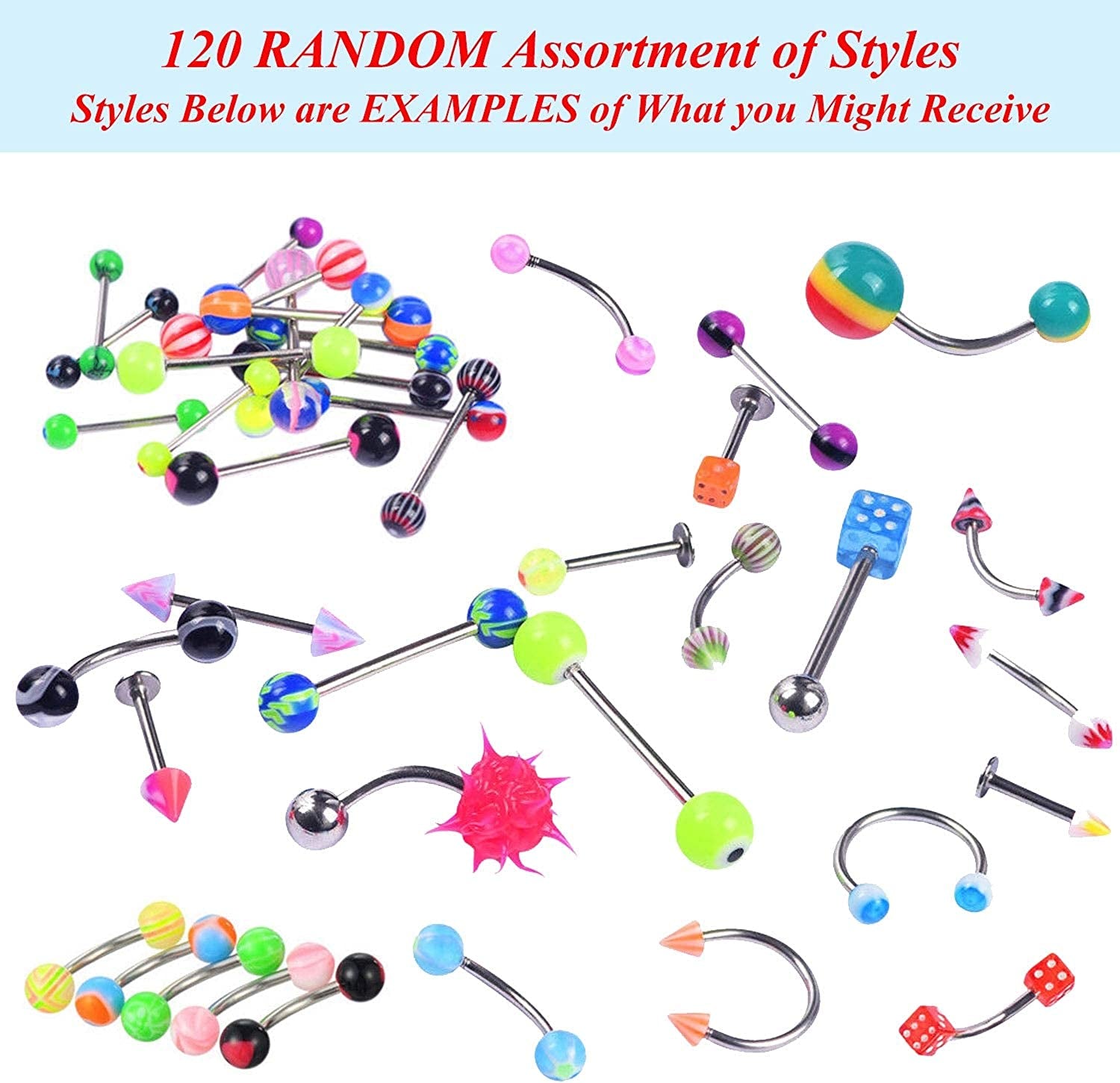 Bodyj4You 120PC Body Piercing Jewelry Kit | CBR BCR Rings Barbells Studs Screws Curved Bars | Belly Button Cartilage Tragus Nose Septum Tongue | 14G 16G 18G 20G Stainless Steel Random Bulk Set Apparel & Accessories > Jewelry > Body Jewelry BodyJ4You