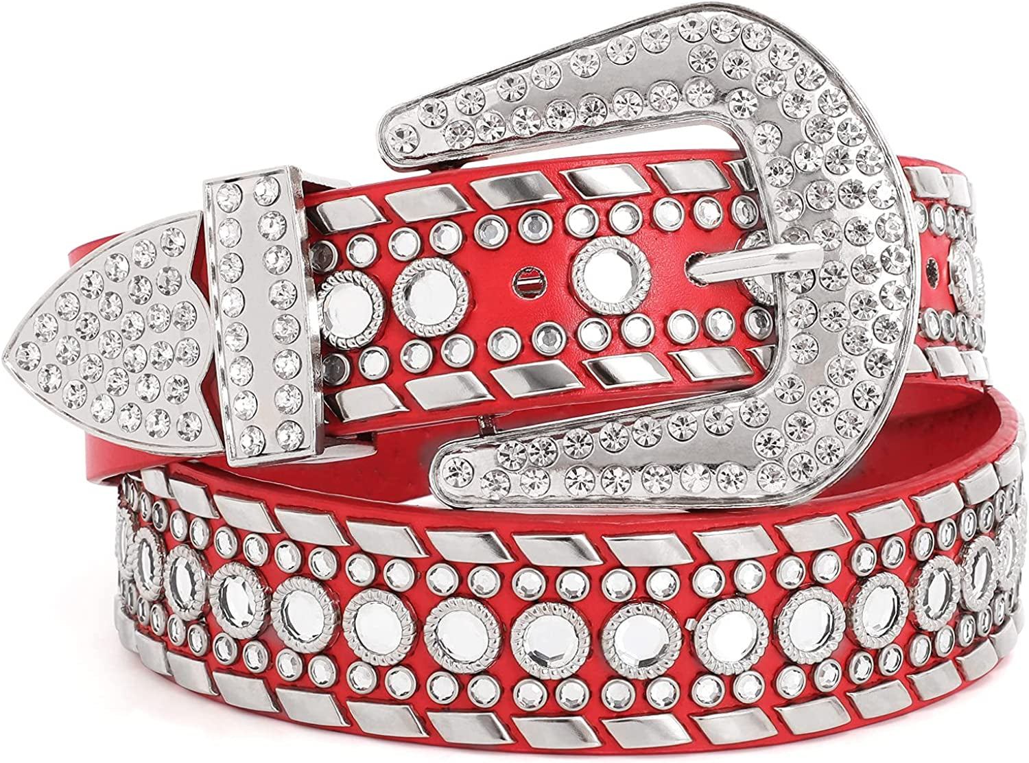 Rhinestone Belt for Men Women SUOSDEY Western Cowboy Cowgirl Bling Studded Leather Belt for Jeans Pants Apparel & Accessories > Clothing Accessories > Belts SUOSDEY 08-red L: fits pants size 38”-42”