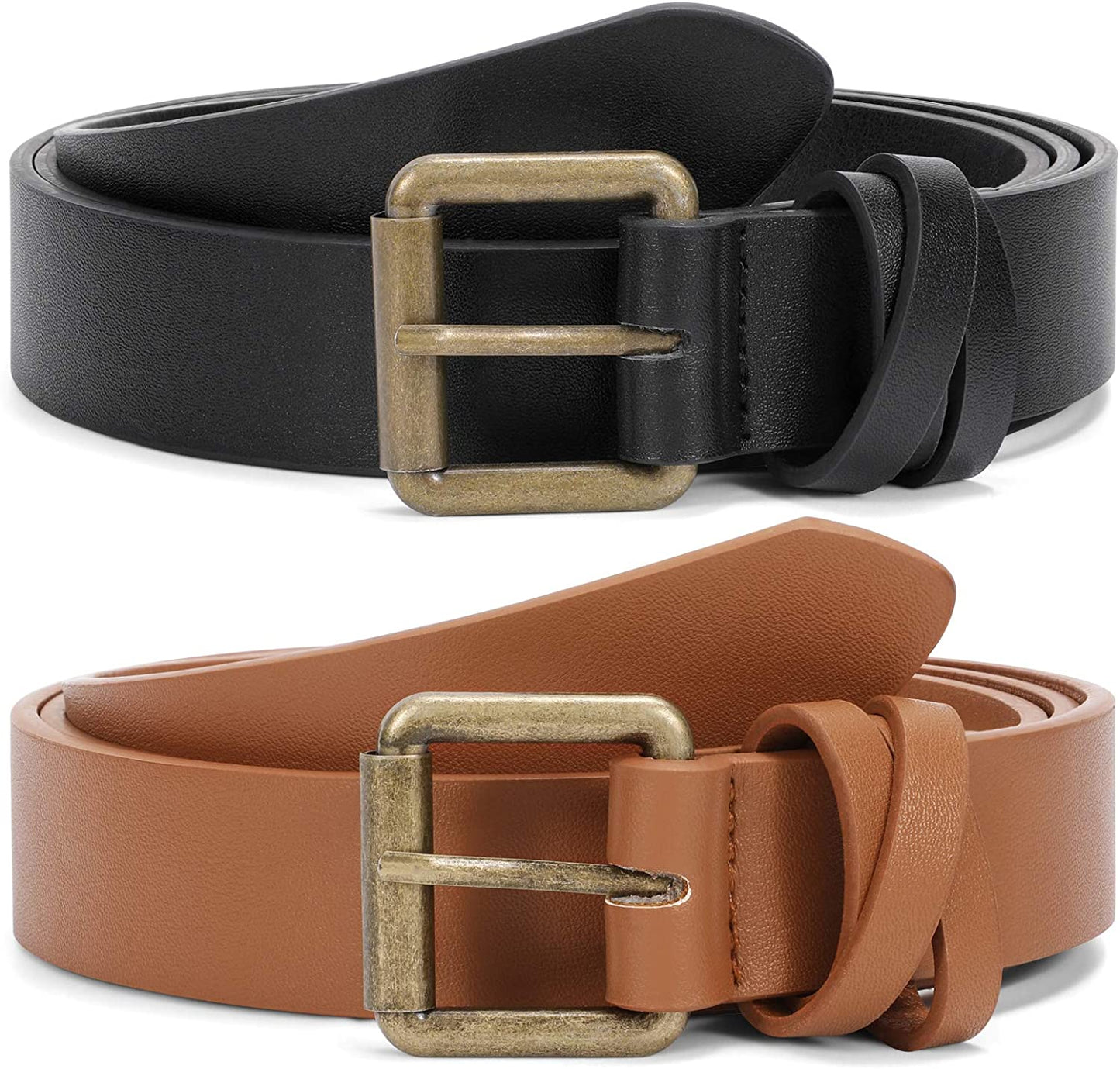 JASGOOD 2 Pack Women Leather Belt for Jeans Pants,Fashion PU Leather Belt with Alloy Buckle Apparel & Accessories > Clothing Accessories > Belts KYLIE MAX C-black+brown With Bronze Buckle Suit for size 34"-37"