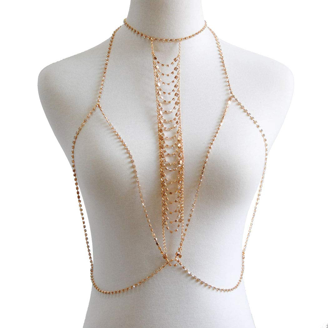 Jeweky Boho Crystal Body Chain Gold Rhinestone Harness Bra Jewelry Beach Bikini Body Jewelry for Women and Girls Apparel & Accessories > Jewelry > Body Jewelry Artist Unknown