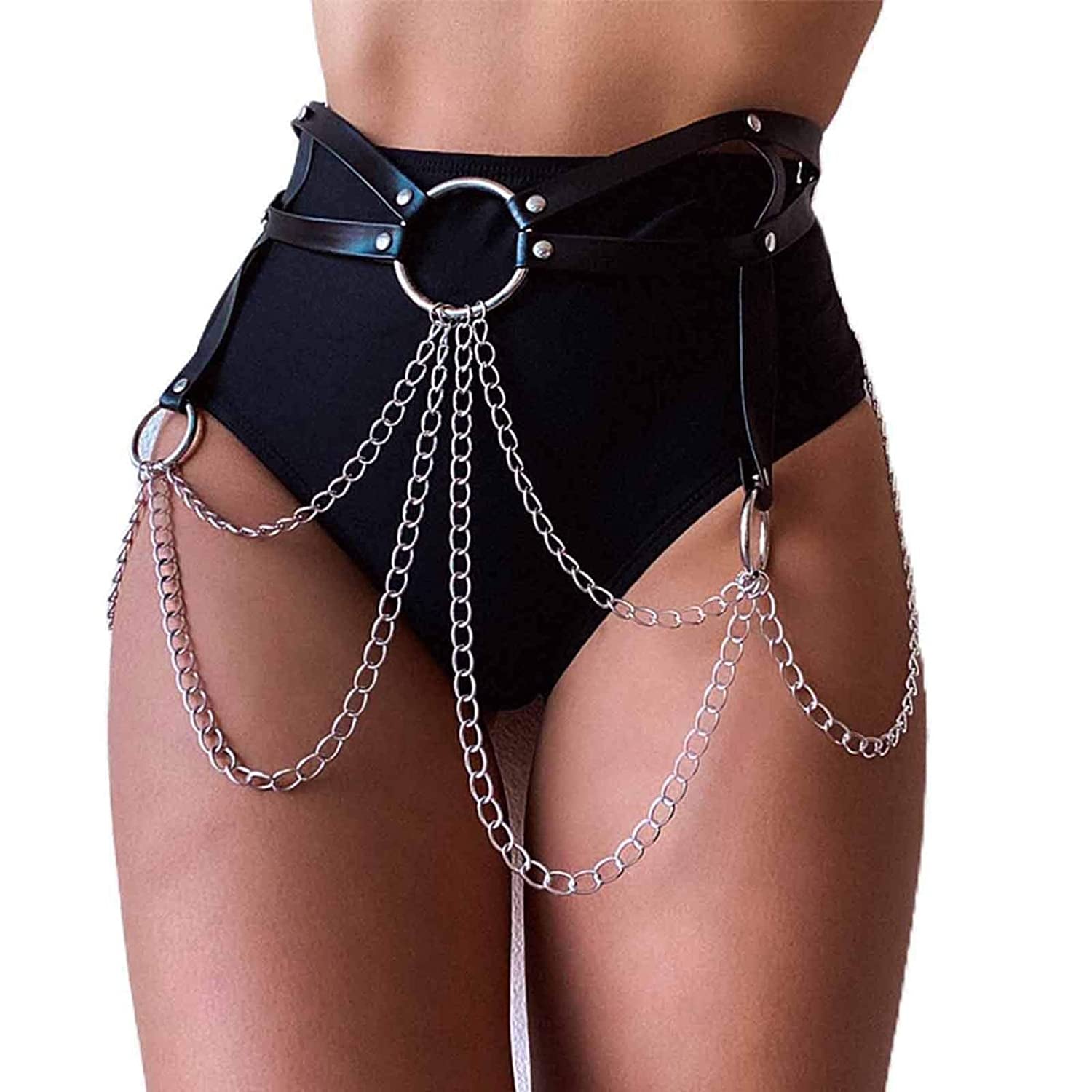 Reetan Punk Leather Body Chains Black Waist Chain Layered Nightclub Ring Belt Belly Chains Rave Party Body Jewelry Accessories for Women and Girls (A) Apparel & Accessories > Jewelry > Body Jewelry REETAN C