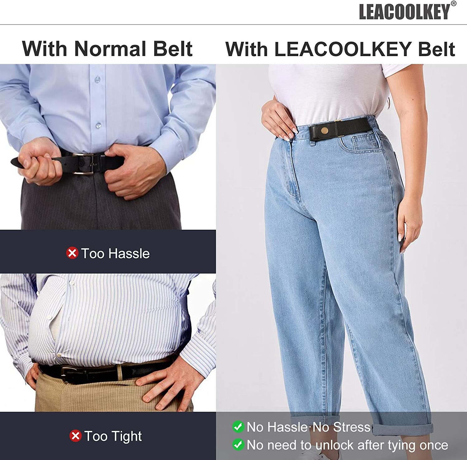 No Buckle Stretch Belt for Women/Men—2 Pack Elastic Invisible Belt for Jeans Apparel & Accessories > Clothing Accessories > Belts LEACOOLKEY