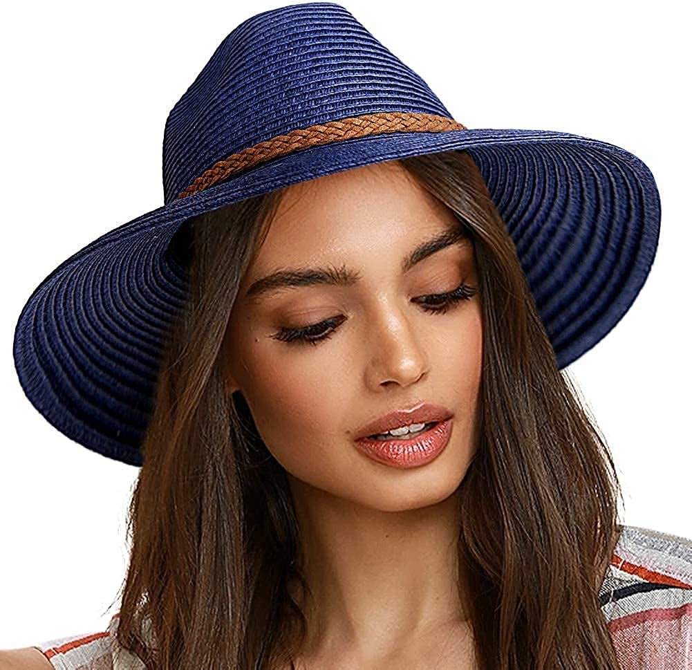 FURTALK Sun Hats for Women Summer Wide Brim UV UPF 50+ Panama Fedora Foldable Packable Straw Beach Hat Ivory Apparel & Accessories > Clothing Accessories > Hats KYLIE MAX Navy Blue Medium