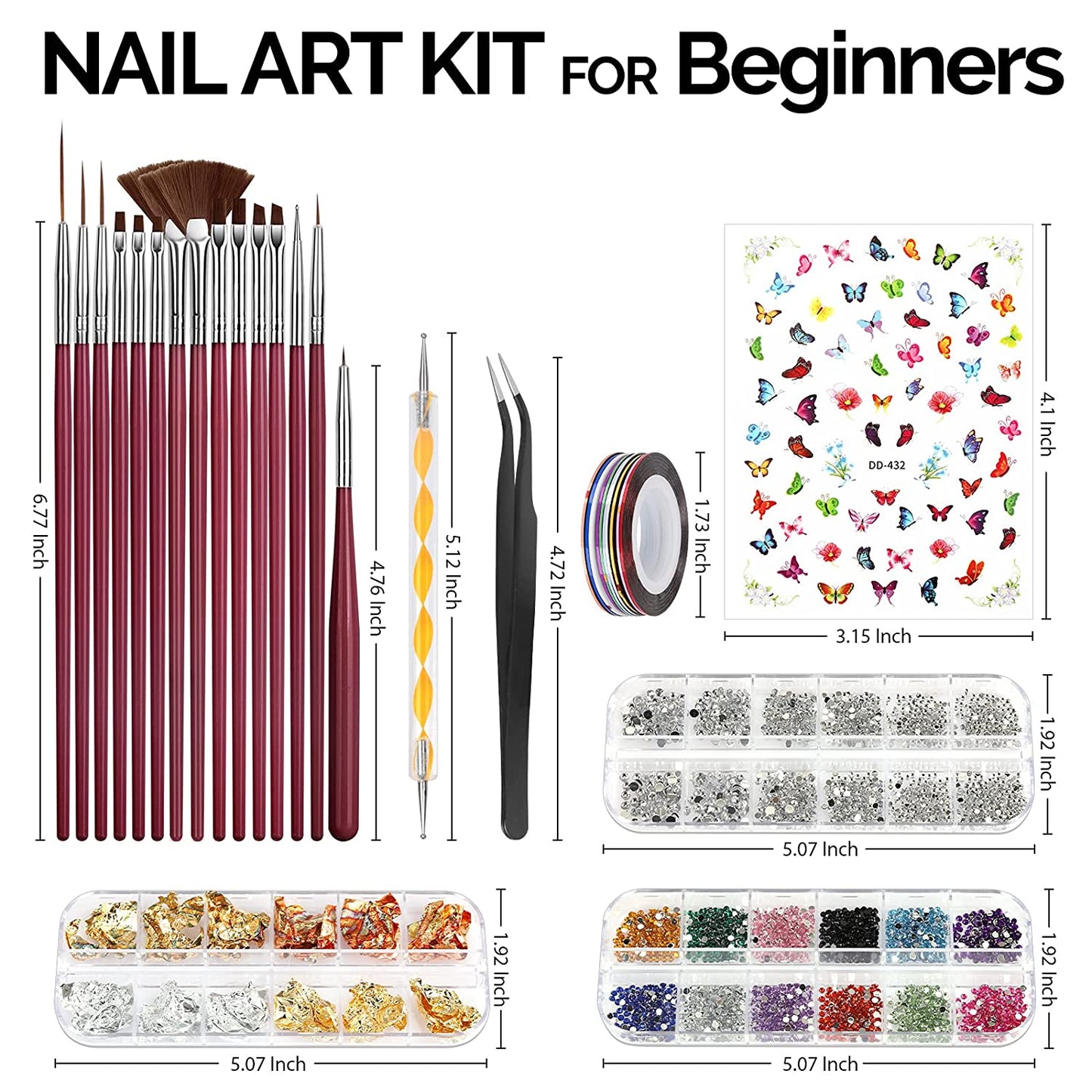 Nail Art Brushes Kit, Teenitor Nail Art Tool with Nail Dotting Tools, 3D Butterfly Nail Art Stickers, Nail Art Rhinestones and Pick up Tweezer, Nail Foil Flakes, Nail Art Striping Tape Health & Beauty > Personal Care > Cosmetics > Cosmetic Tools > Nail Tools Teenitor