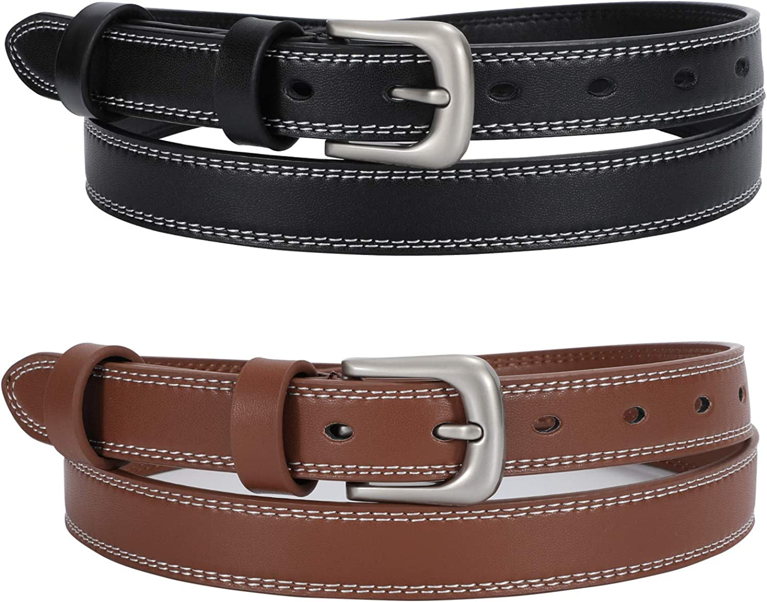 WERFORU 2 Pack Women Leather Belt Waist Skinny Dress Belts Solid Pin Buckle Belt for Jeans Pants Apparel & Accessories > Clothing Accessories > Belts WERFORU M-black/Brown Fit Size 41"-45"