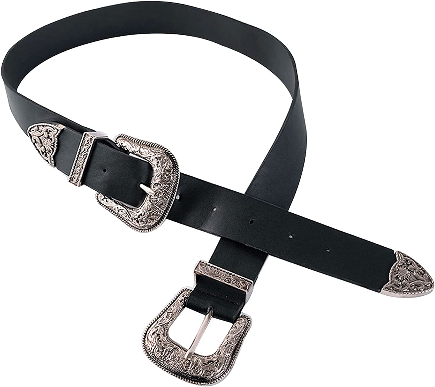 CLARA Women Vintage Western Waist Belt Double Buckle Belt PU Leather Waistband for Jeans Dress Apparel & Accessories > Clothing Accessories > Belts CLARA Silver