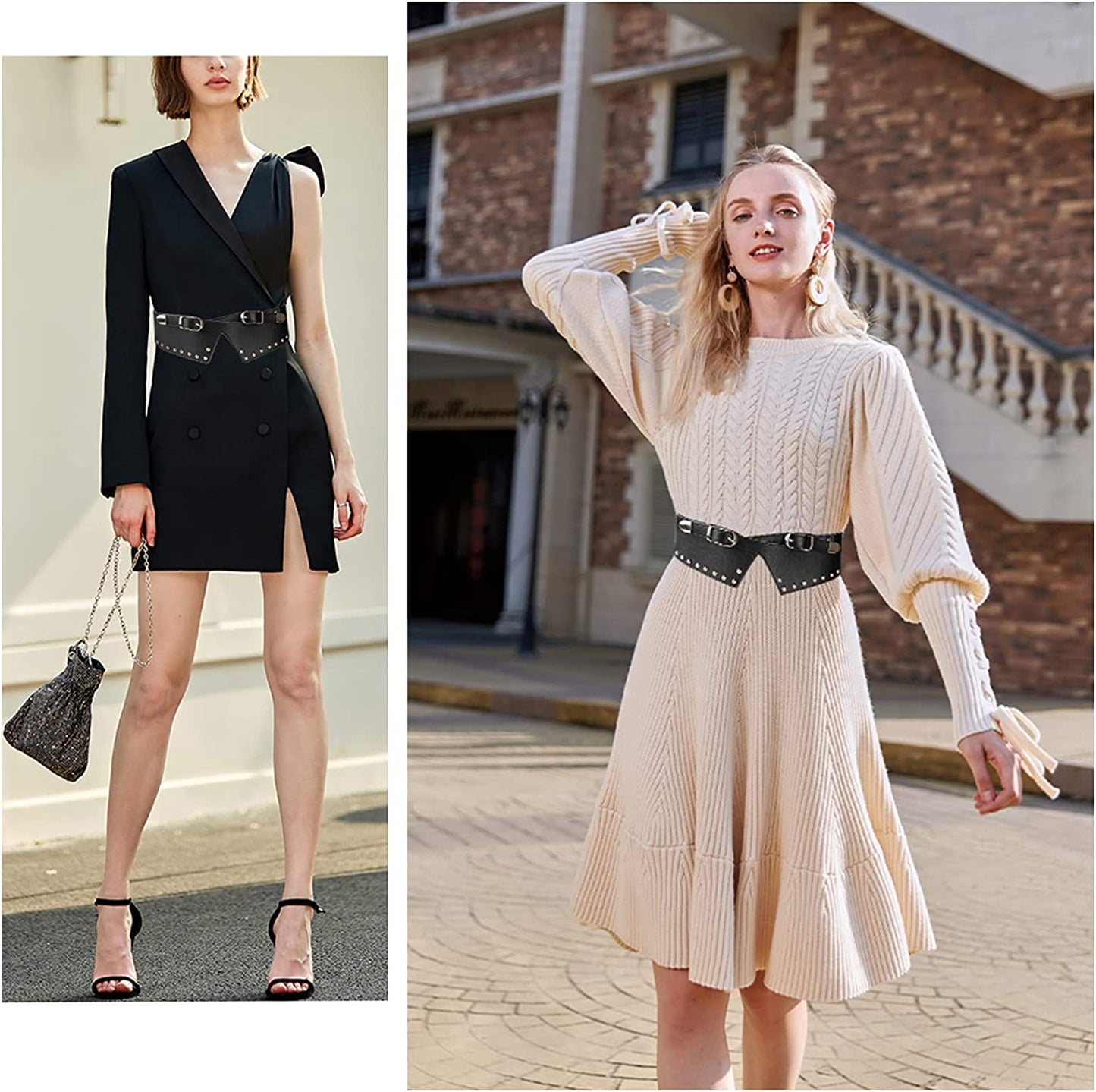 FIORETTO Womens Dress Belt Wide Black Fashion Studded Belts S Size Fit Waist Girth from 25" to 29" Apparel & Accessories > Clothing Accessories > Belts FIORETTO