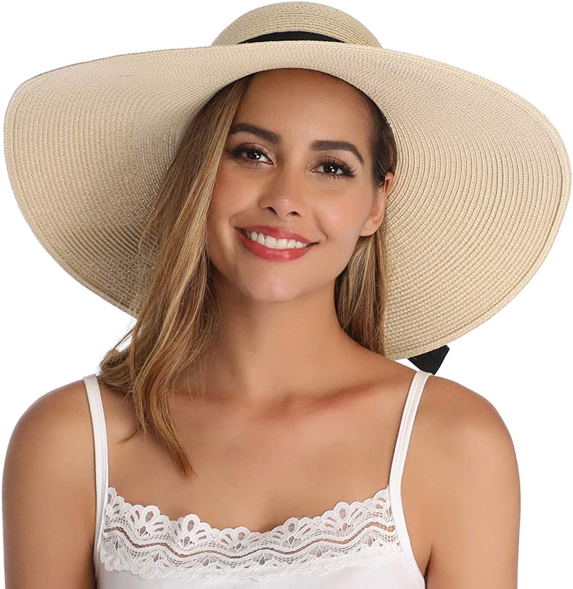Lanzom Womens Wide Brim Straw Hat Big Floppy Foldable Roll up Cap Beach Sun Hat UPF 50+ Apparel & Accessories > Clothing Accessories > Hats Lanzom