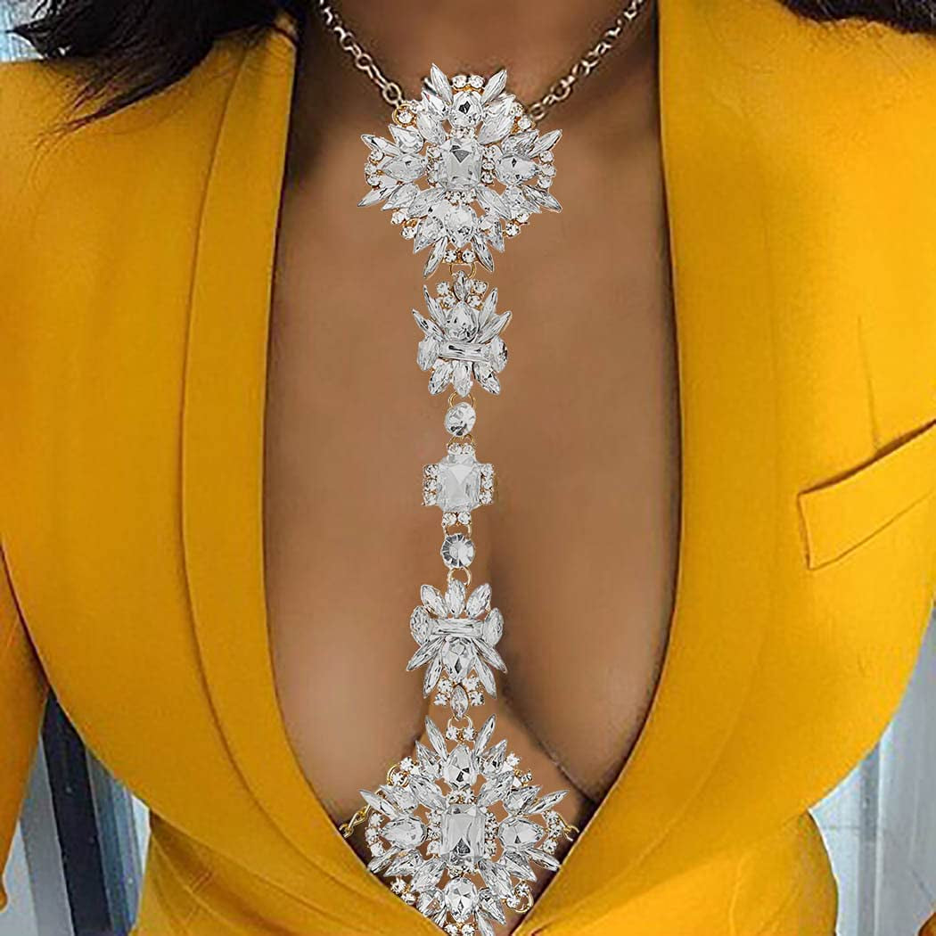 ELABEST Boho Rhinestone Statement Chest Chain Crystal Necklace Body Chain Summer Beach Body Jewelry Accessories for Women and Girls Apparel & Accessories > Jewelry > Body Jewelry ELABEST White