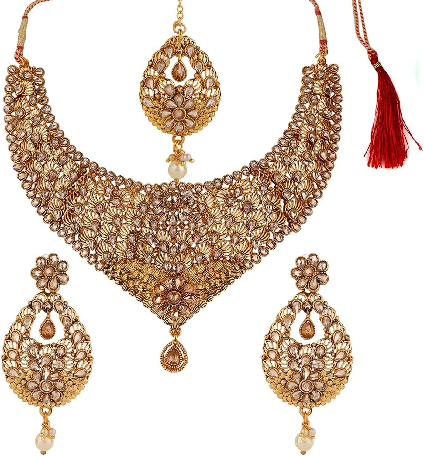 Efulgenz Indian Bollywood Traditional Crystal Pearl Wedding Choker Necklace Earrings Maang Tikka Jewelry Set Style 5