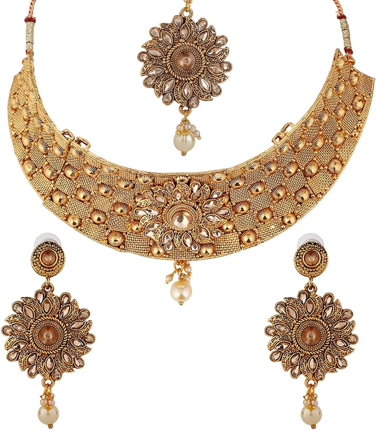 Efulgenz Indian Bollywood Traditional Crystal Pearl Wedding Choker Necklace Earrings Maang Tikka Jewelry Set Gold