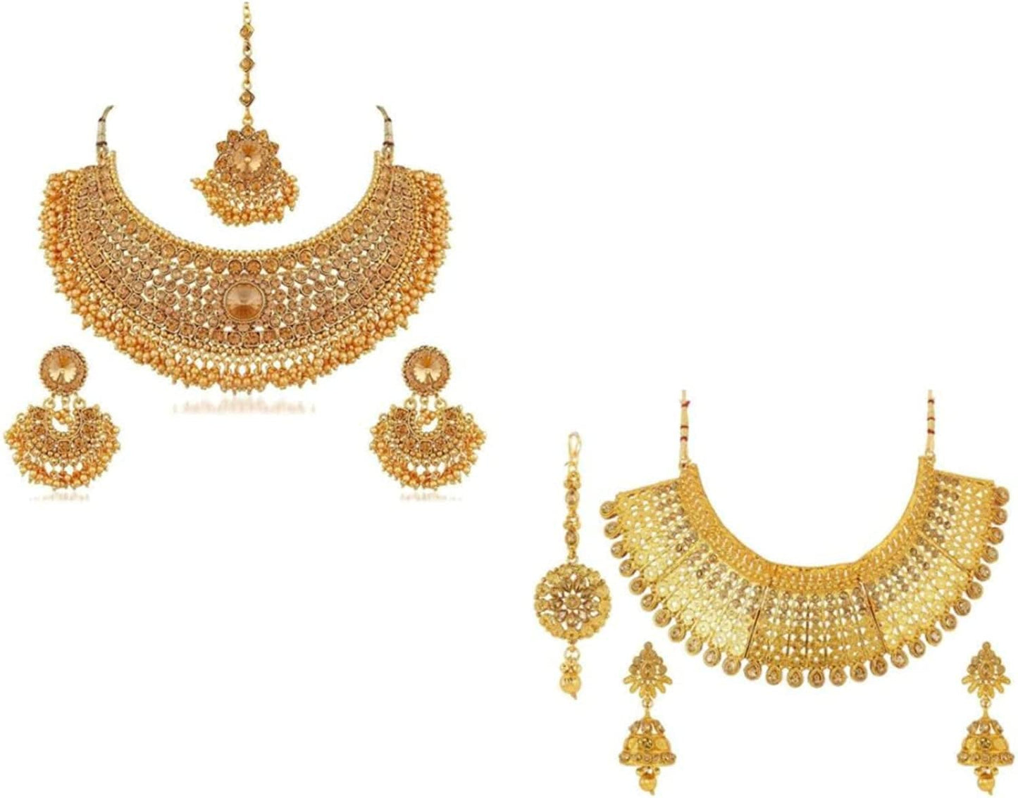 Efulgenz Indian Bollywood Traditional Crystal Pearl Wedding Choker Necklace Earrings Maang Tikka Jewelry Set Multipack (2 Sets)