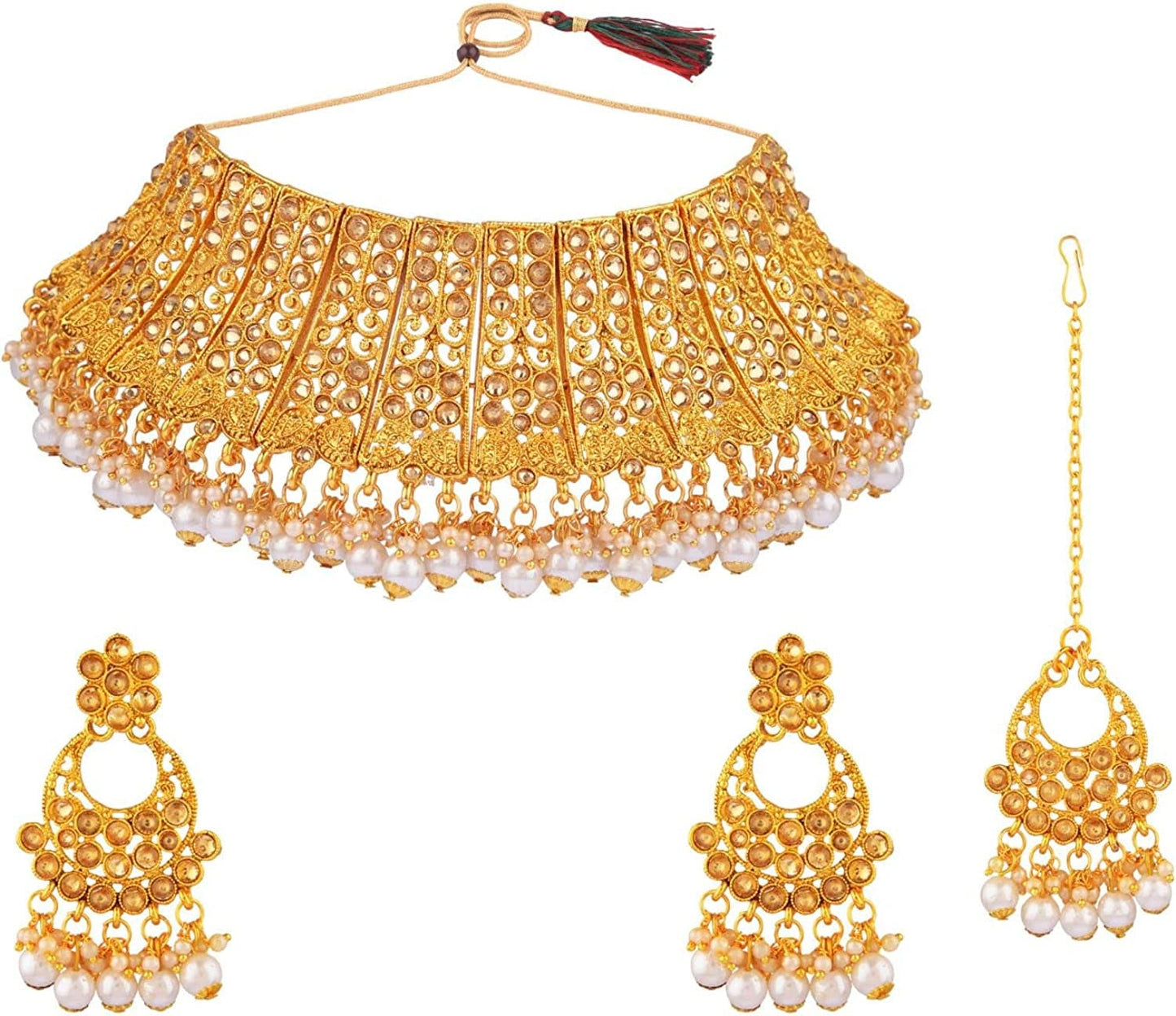 Efulgenz Indian Bollywood Traditional Crystal Pearl Wedding Choker Necklace Earrings Maang Tikka Jewelry Set White