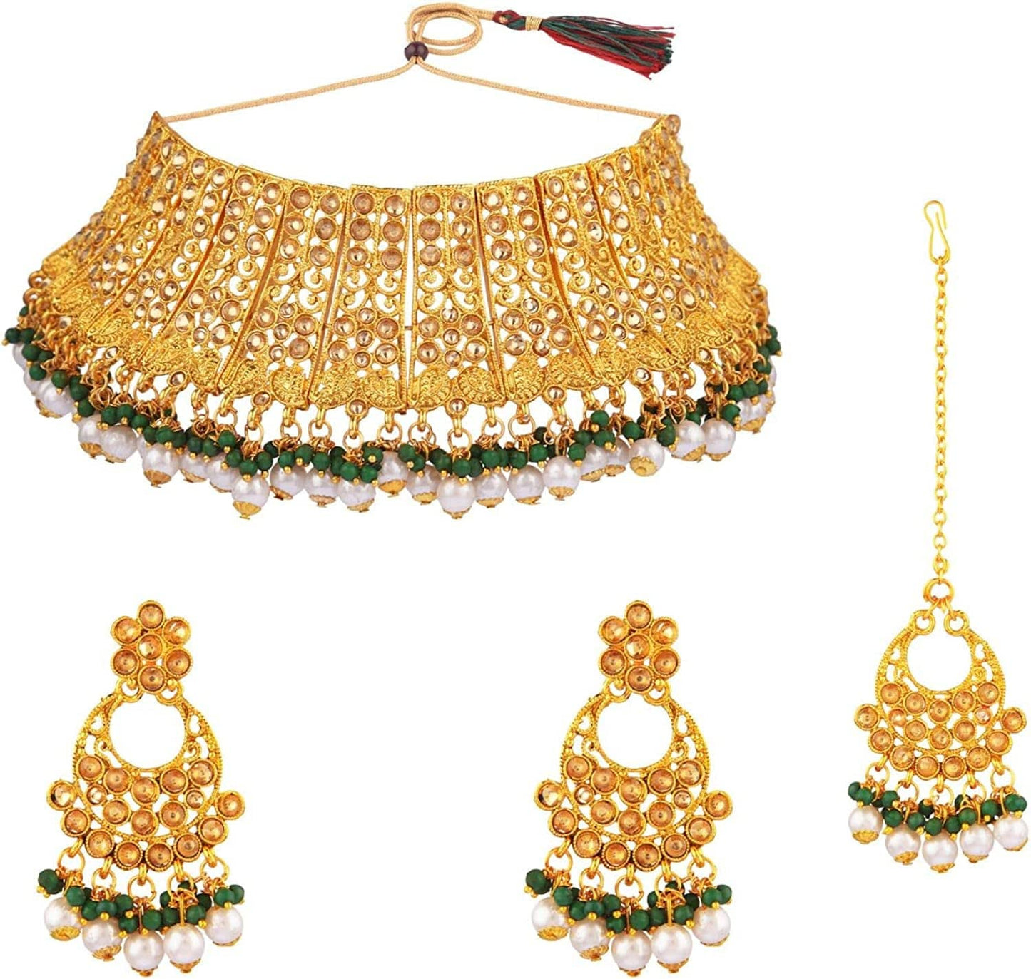 Efulgenz Indian Bollywood Traditional Crystal Pearl Wedding Choker Necklace Earrings Maang Tikka Jewelry Set Green