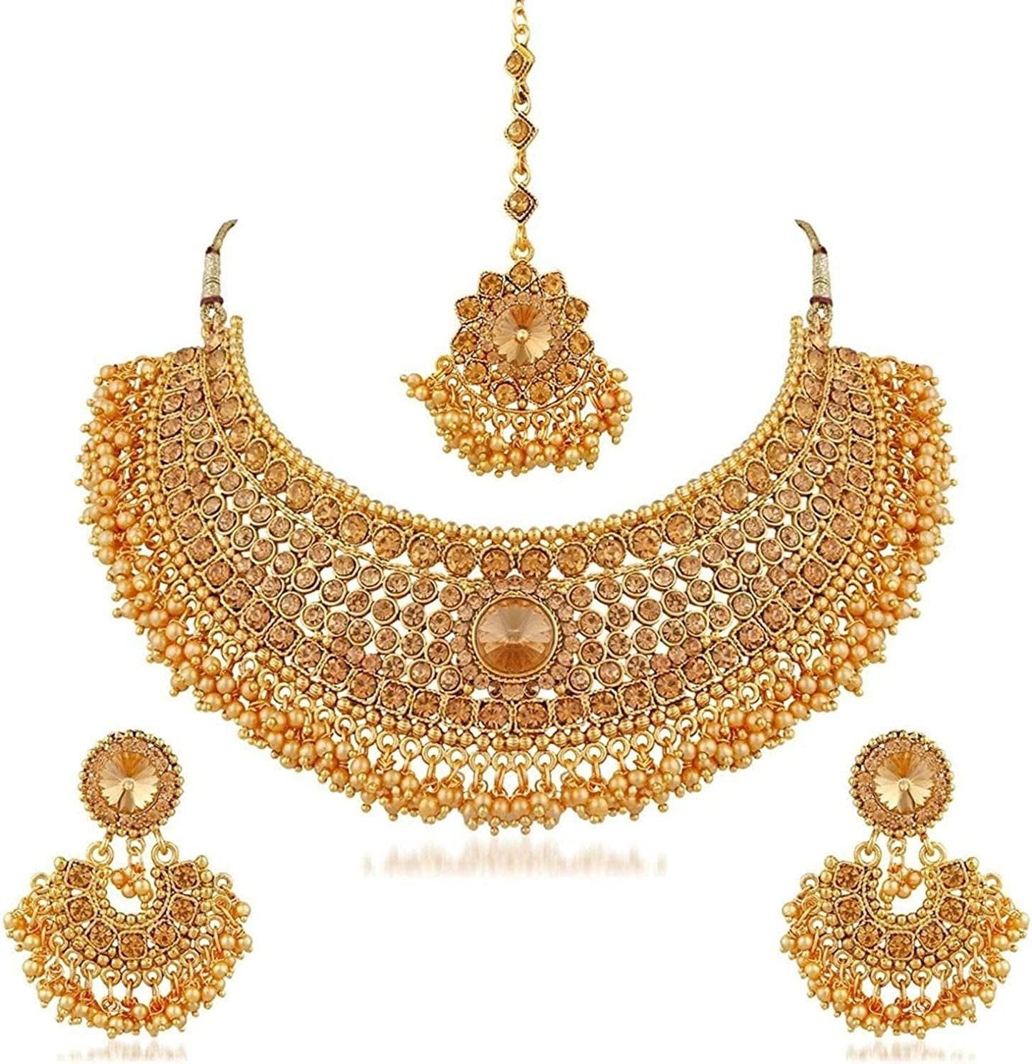 Efulgenz Indian Bollywood Traditional Crystal Pearl Wedding Choker Necklace Earrings Maang Tikka Jewelry Set