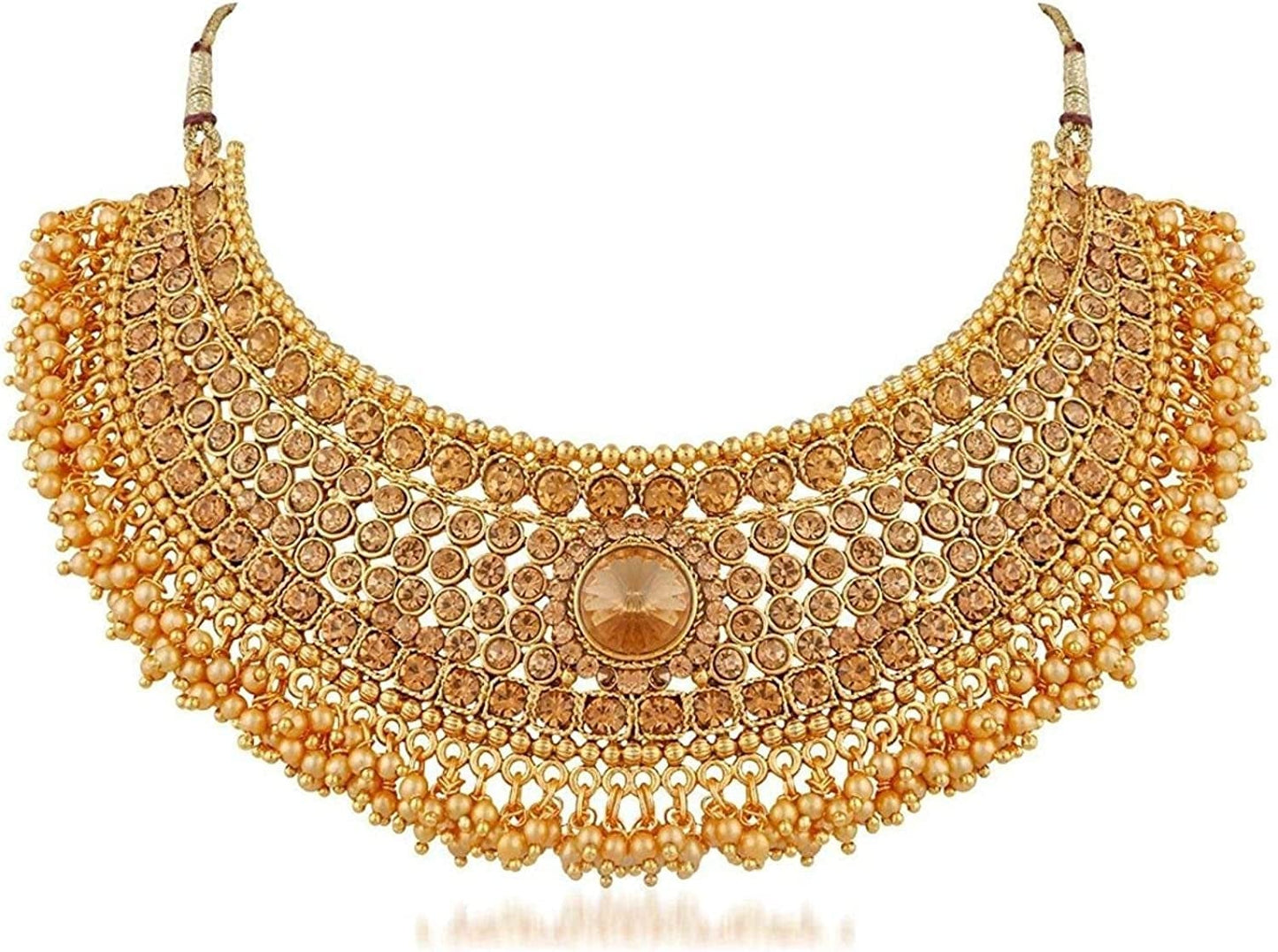 Efulgenz Indian Bollywood Traditional Crystal Pearl Wedding Choker Necklace Earrings Maang Tikka Jewelry Set