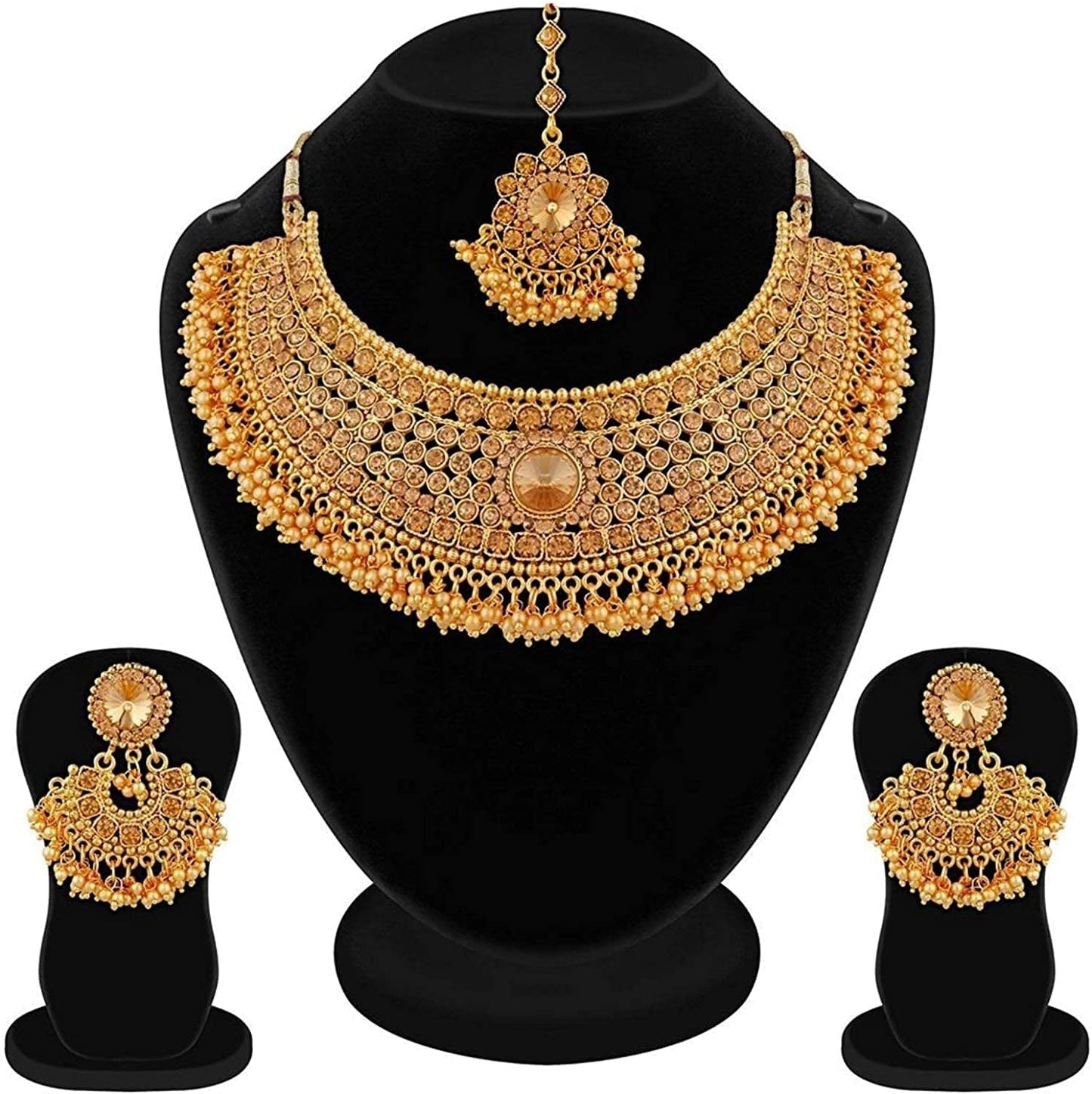 Efulgenz Indian Bollywood Traditional Crystal Pearl Wedding Choker Necklace Earrings Maang Tikka Jewelry Set