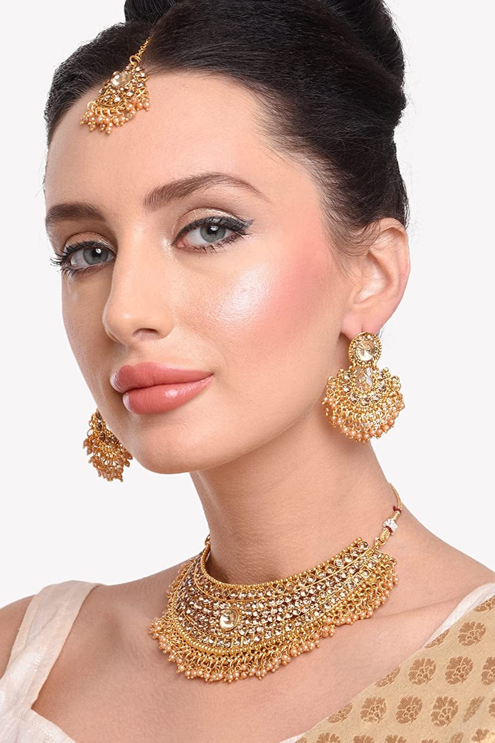 Efulgenz Indian Bollywood Traditional Crystal Pearl Wedding Choker Necklace Earrings Maang Tikka Jewelry Set