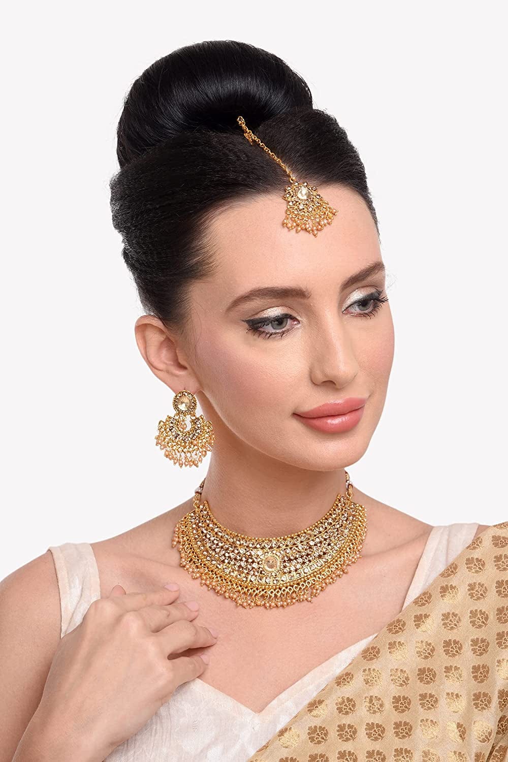 Efulgenz Indian Bollywood Traditional Crystal Pearl Wedding Choker Necklace Earrings Maang Tikka Jewelry Set