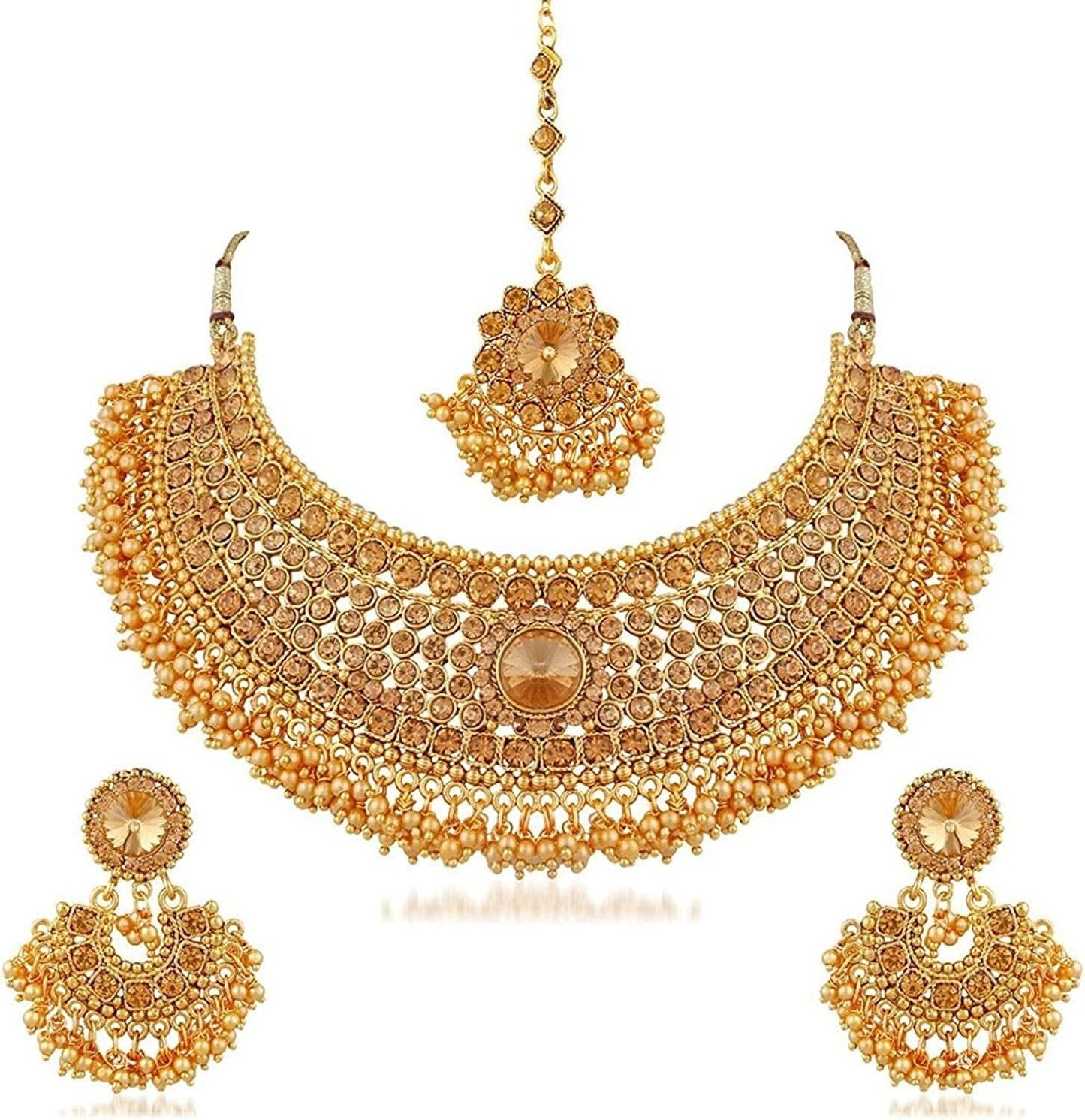 Efulgenz Indian Bollywood Traditional Crystal Pearl Wedding Choker Necklace Earrings Maang Tikka Jewelry Set Style 1