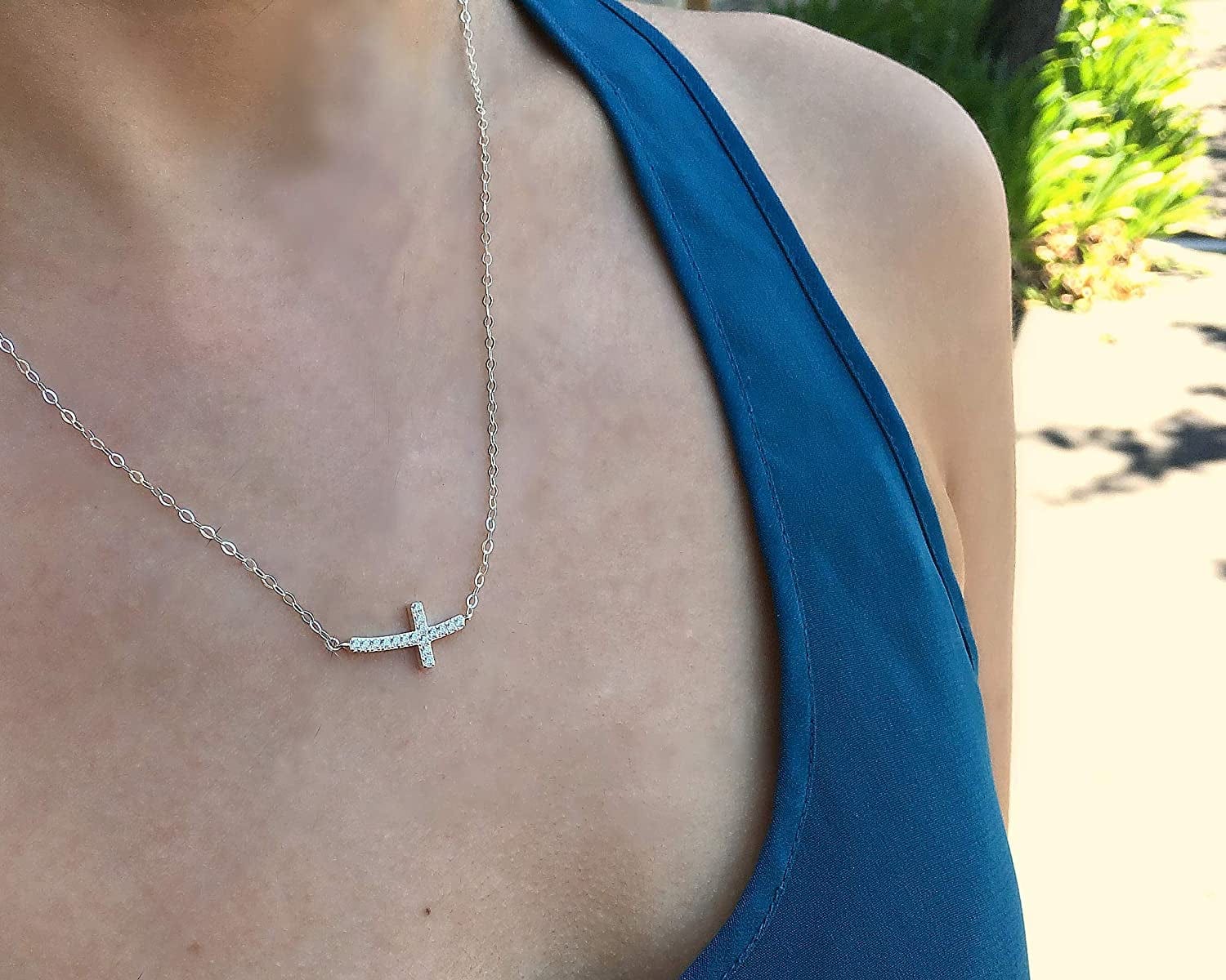 EFYTAL Small Cross Necklace for Women and Girls, Christian Gifts for Easter, First Communion, Confirmation, Baptism, Sterling Silver Sideways CZ, Tiny Pendant Jewelry, Religious Gift for Catholic Birthday