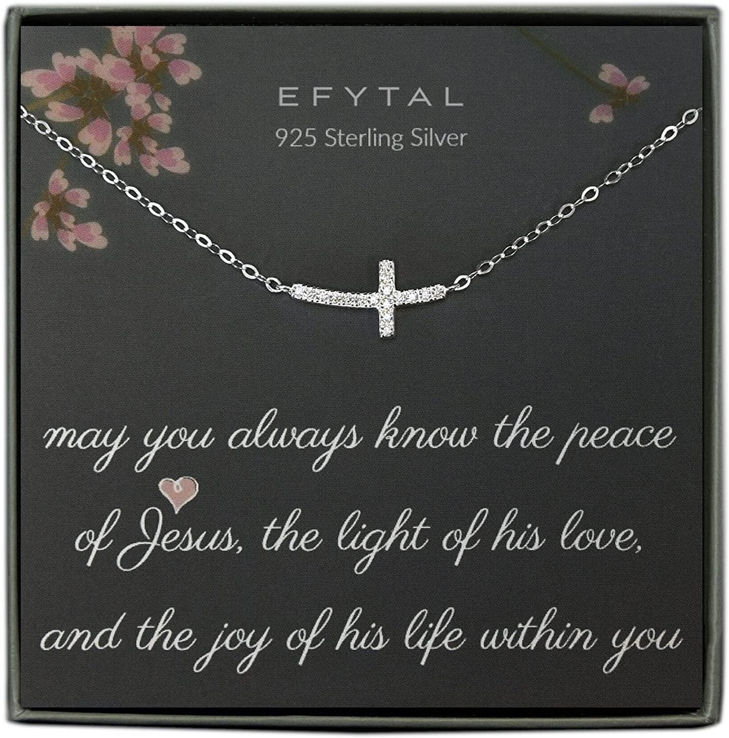 EFYTAL Small Cross Necklace for Women and Girls, Christian Gifts for Easter, First Communion, Confirmation, Baptism, Sterling Silver Sideways CZ, Tiny Pendant Jewelry, Religious Gift for Catholic Birthday