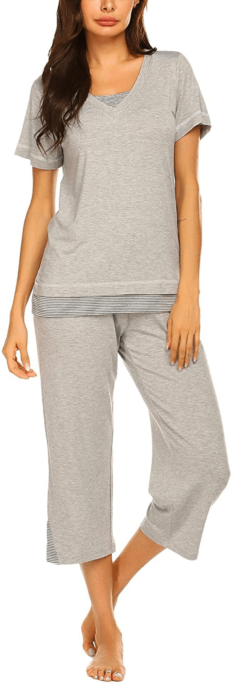 Ekouaer Women's Pajamas Set Soft V Neck Striped Sleepwear Top and Capri Pj Lounge Sets Apparel & Accessories > Clothing > Sleepwear & Loungewear > Pajamas Ekouaer Light Grey Small