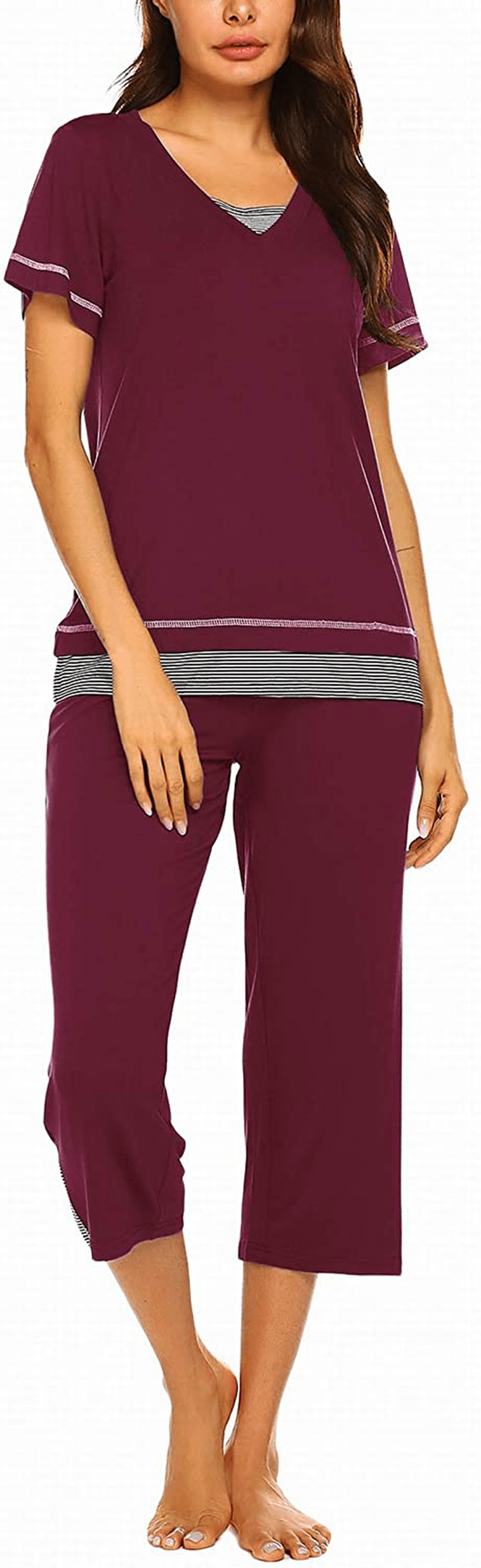 Ekouaer Women's Pajamas Set Soft V Neck Striped Sleepwear Top and Capri Pj Lounge Sets Apparel & Accessories > Clothing > Sleepwear & Loungewear > Pajamas Ekouaer Wine Red Large