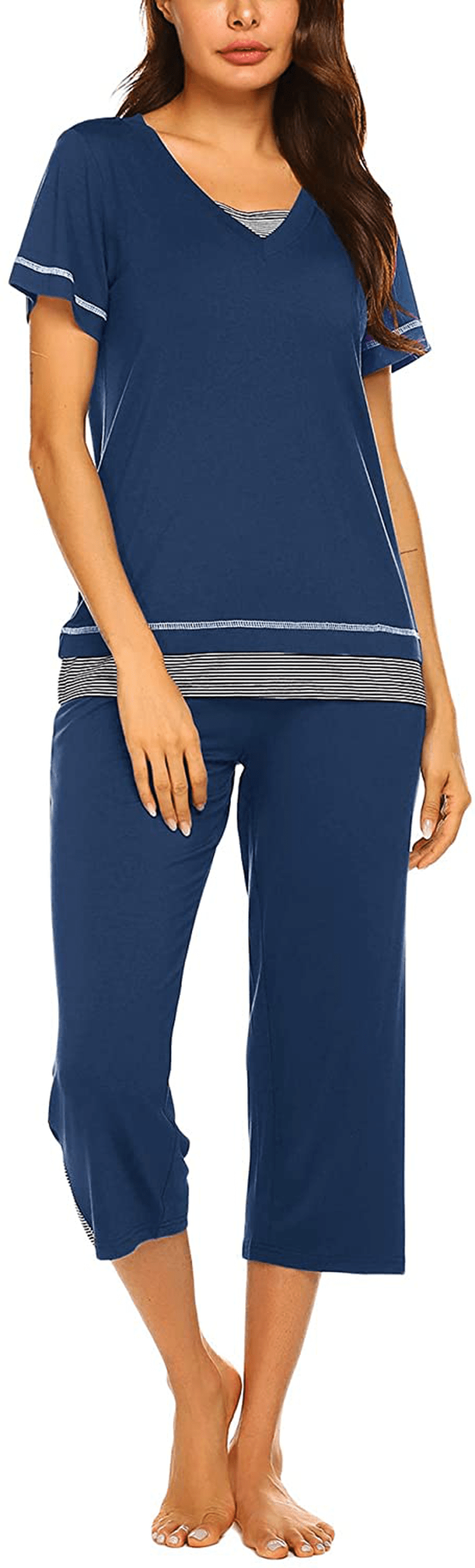 Ekouaer Women's Pajamas Set Soft V Neck Striped Sleepwear Top and Capri Pj Lounge Sets Apparel & Accessories > Clothing > Sleepwear & Loungewear > Pajamas Ekouaer Navy Large