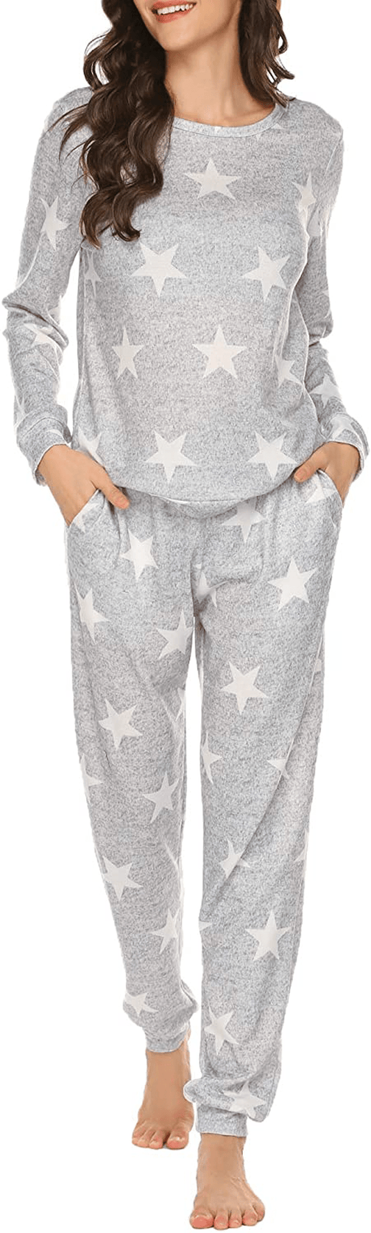 Ekouaer Womens Pajama Set Long Sleeve Sleepwear Star Print Nightwear Soft Pjs Lounge Sets with Pockets Apparel & Accessories > Clothing > Sleepwear & Loungewear > Pajamas Ekouaer A-light Grey White Star Small