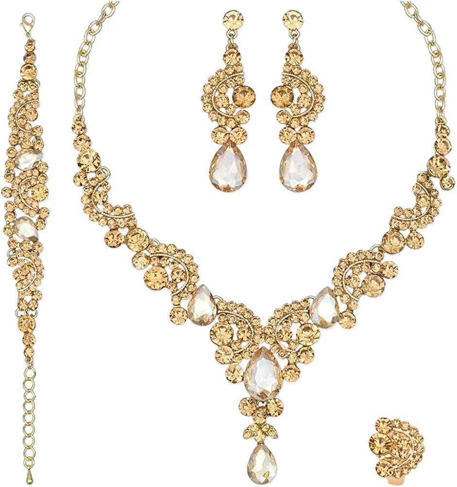 Elegant Crystal Necklace Earrings Bracelet Ring Bridal Wedding Party Costume Jewelry Sets for Brides Women 4 Pcs/Set-gold plated-champagne