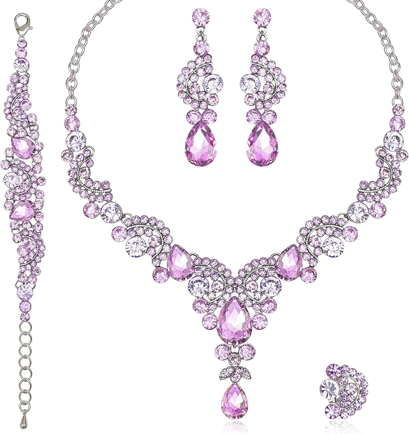 Elegant Crystal Necklace Earrings Bracelet Ring Bridal Wedding Party Costume Jewelry Sets for Brides Women 4 Pcs/Set-Violet