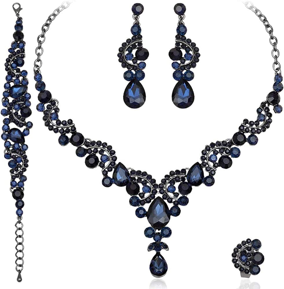 Elegant Crystal Necklace Earrings Bracelet Ring Bridal Wedding Party Costume Jewelry Sets for Brides Women 4 Pcs/Set-navy blue