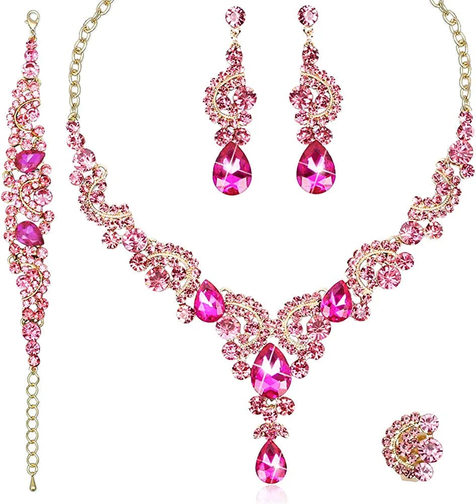 Elegant Crystal Necklace Earrings Bracelet Ring Bridal Wedding Party Costume Jewelry Sets for Brides Women 4 Pcs/Set-Gold Plated-Hot Pink