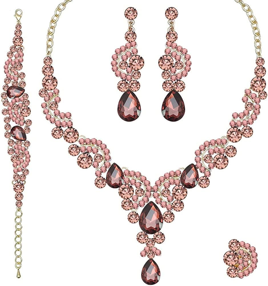 Elegant Crystal Necklace Earrings Bracelet Ring Bridal Wedding Party Costume Jewelry Sets for Brides Women 4 Pcs/Set-Gold Tone-Purple