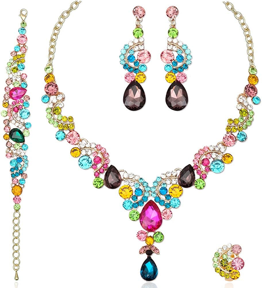 Elegant Crystal Necklace Earrings Bracelet Ring Bridal Wedding Party Costume Jewelry Sets for Brides Women 4 Pcs/Set-Gold Plated - Multicolor