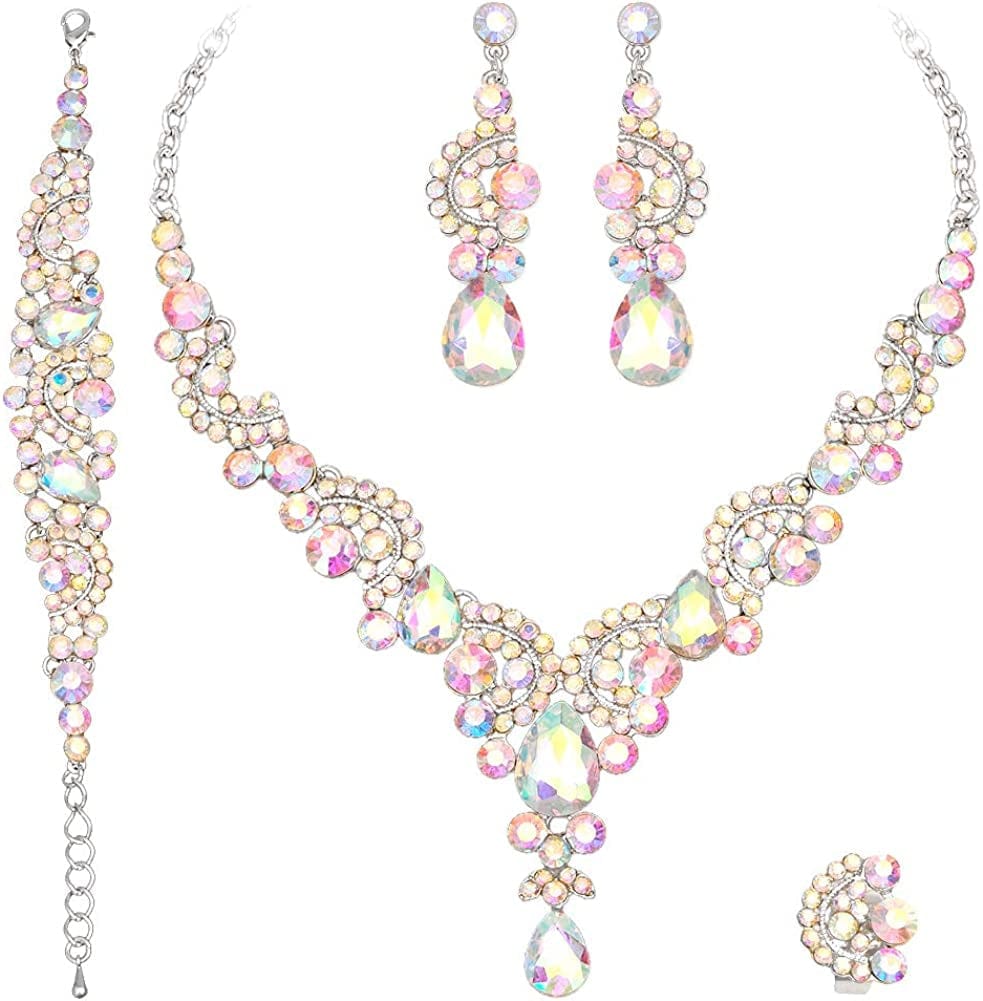 Elegant Crystal Necklace Earrings Bracelet Ring Bridal Wedding Party Costume Jewelry Sets for Brides Women 4 Pcs/Set-white gold plated-AB Crystal