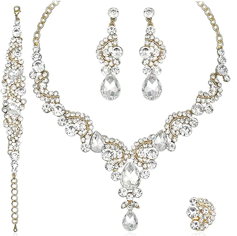 Elegant Crystal Necklace Earrings Bracelet Ring Bridal Wedding Party Costume Jewelry Sets for Brides Women 4 Pcs/Set-Gold Plated - White